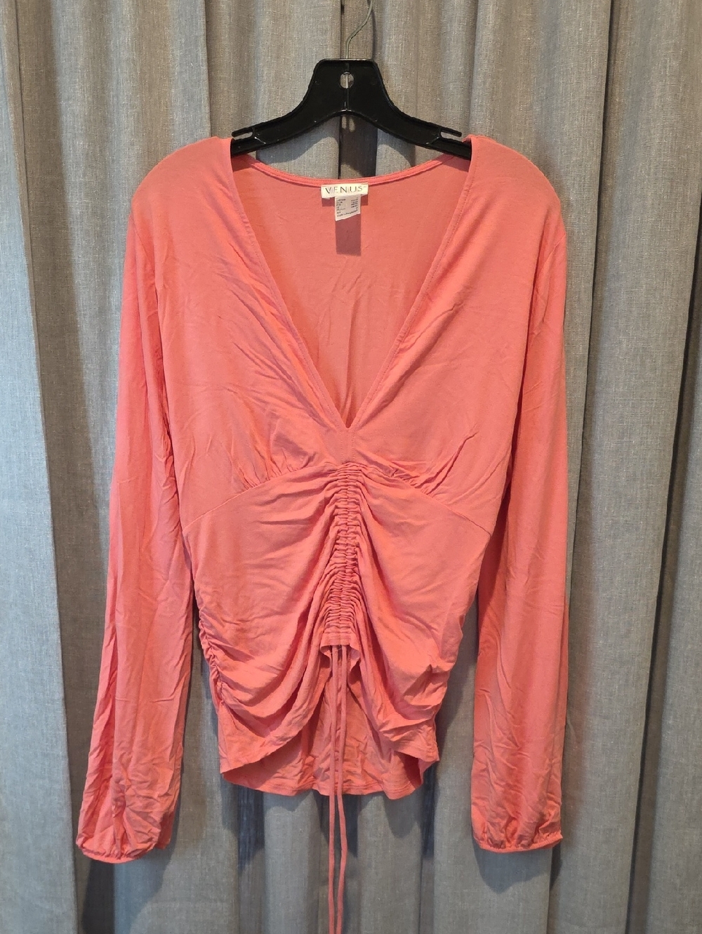VENUS Coral Ruched V-Neck Long Sleeve Top
